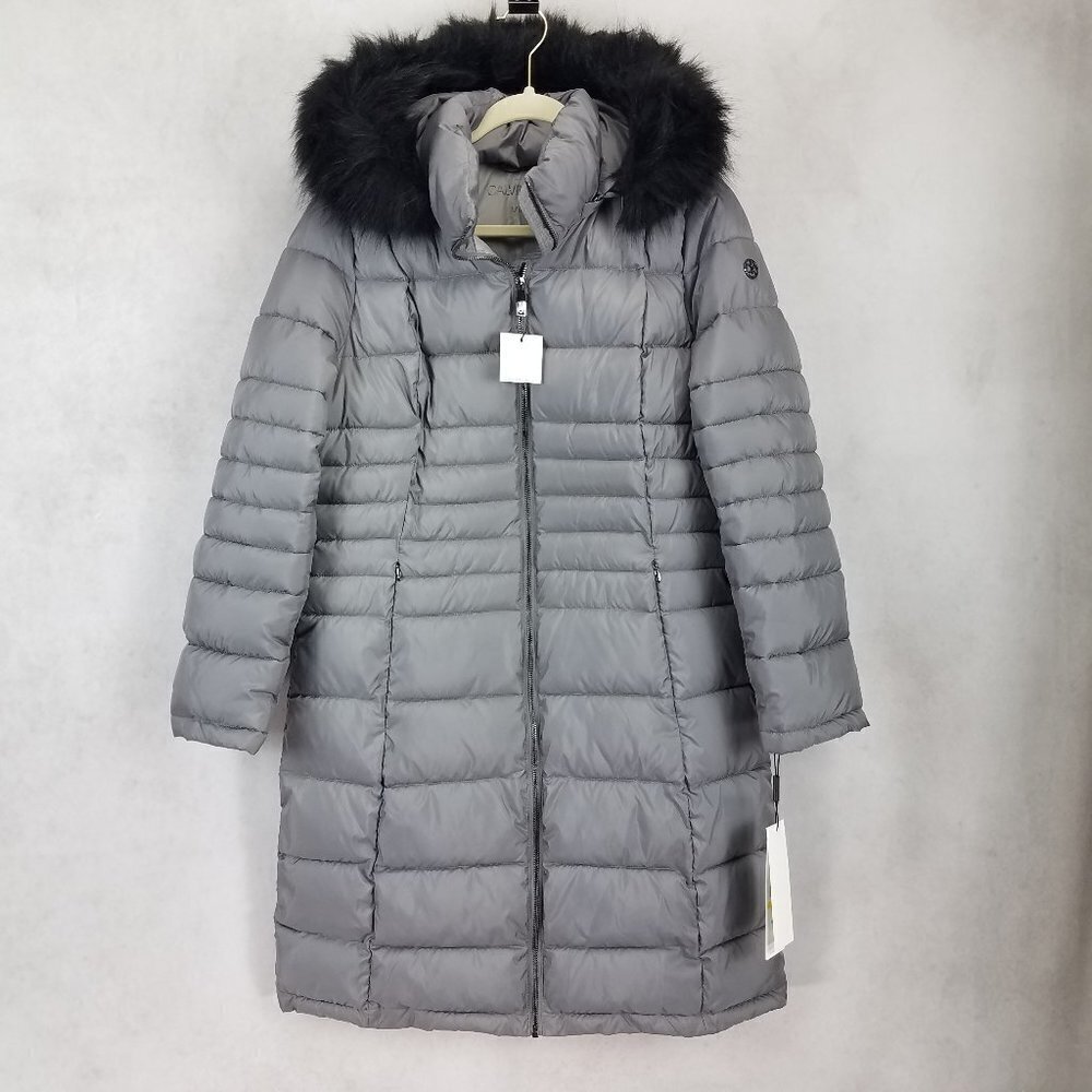 NWT Calvin Klein Winter Coat Parka Hooded Quilted Gray/Black Women M Vegan Fur